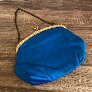 Vtg Elegant Blue Satin Bag with Rhinestone Frame